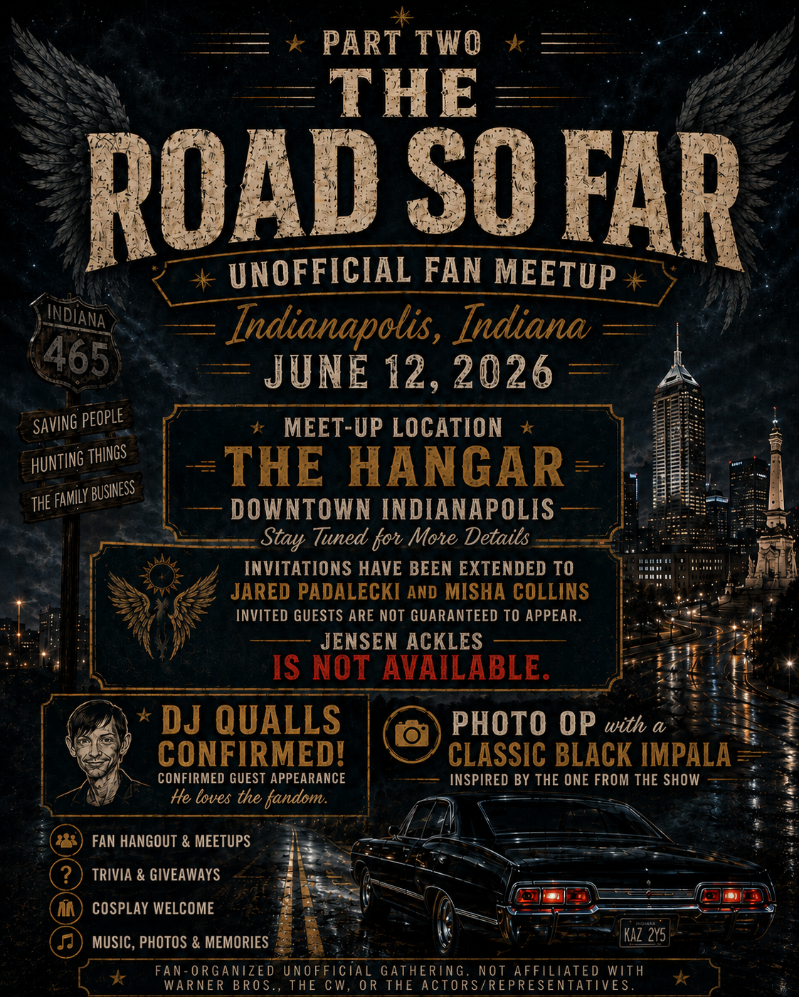 The Road So Far unofficial Supernatural fan meetup flyer for The Hangar in downtown Indianapolis on June 12 2026 with DJ Qualls confirmed.